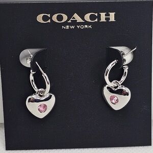 NEW Coach Silver Tone Huggie Dangle Heart Earrings with Pink Crystals